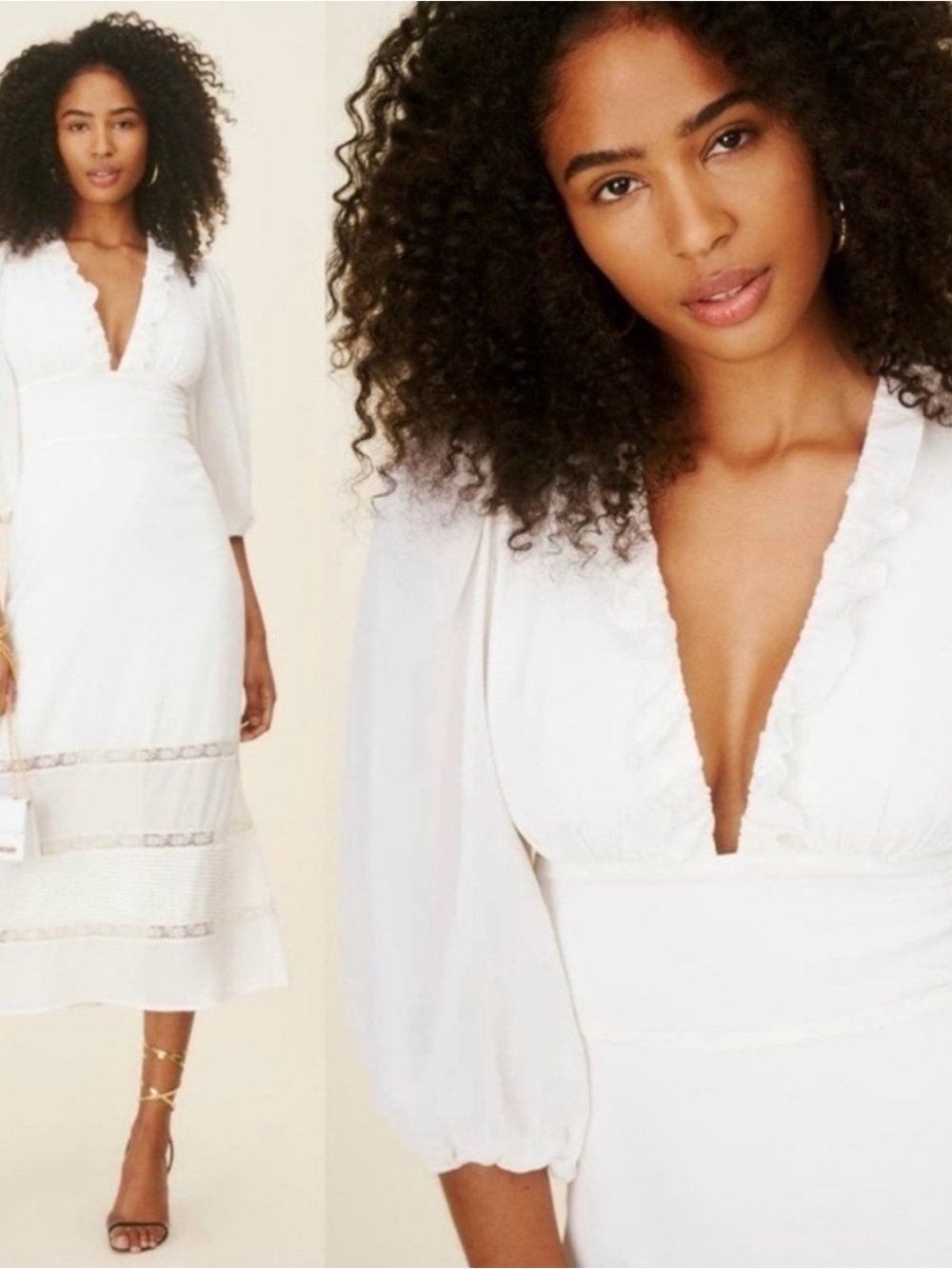 Reformation Bayley Dress White V-Neck Midi with Ruffle Trim
